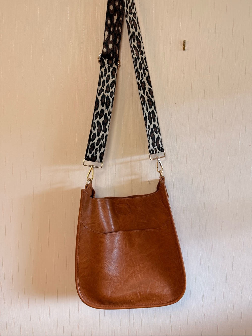 Classic Tan Crossbody Bag with Leopard Strap